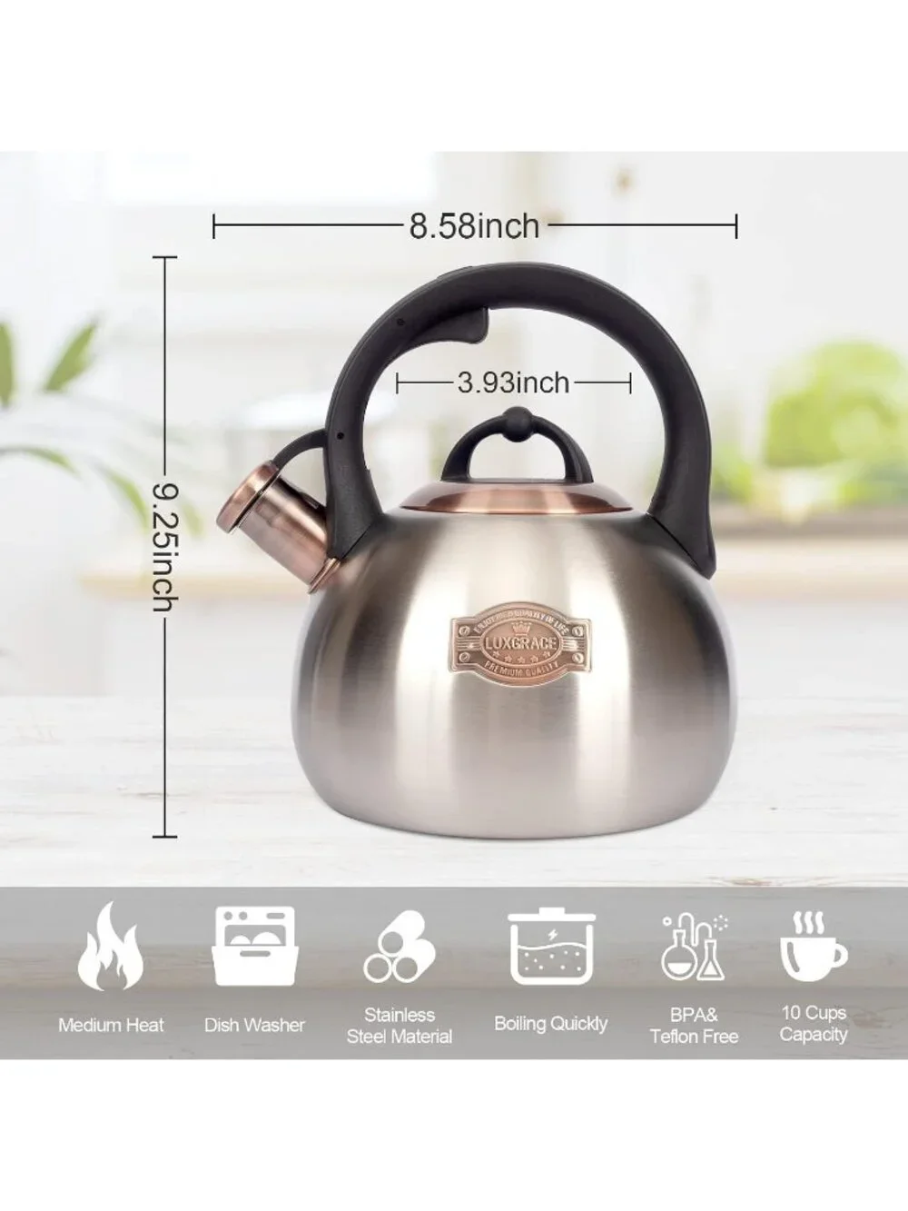 Silver Kitchen Whistling Tea Kettle 3.1 Quart Stainless Steel Stovetop Tea Pot